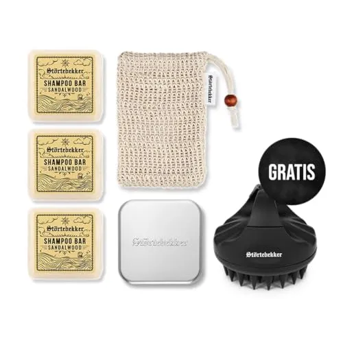 Störtebekker® Premium Duschset - Festes Shampoo Sandelholz (x3) mit GRATIS Scalp Brush - Erleben Sie sanfte Reinigung mit unserem handgefertigten festen Shampoo. Ideal für Reisen, praktisch verpackt und für geschmeidiges Haar. Genießen Sie natürliche Düfte und eine einfache Anwendung für gepflegte Kopfhaut.