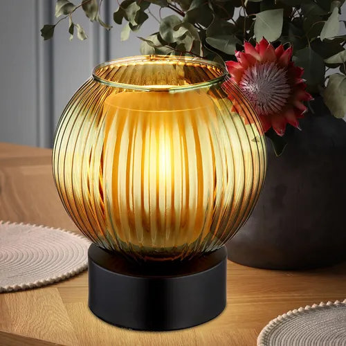 Retro Tischlampe mit Glaskugel in Grün, H 17 cm - Tischleuchte im Retro-Design mit grünem Glas und mattschwarzem Metall, ideal für Wohnzimmer und Schlafzimmer. Wippschalter am Kabel für einfachen Gebrauch.