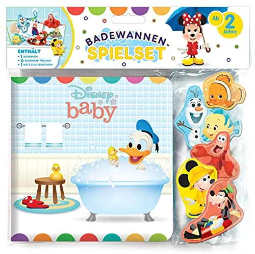 Disney Baby Badewannen-Spielset - Badebuch-Set Eva, 6-seitiges Badebuch, 6 gepolsterte Saugnapf-Figuren, 1 Staunetz