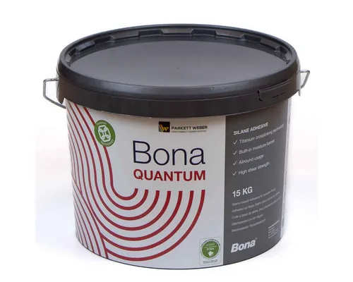 Bona Quantum Parkettkleber 15 kg - Klebstoff für Fertigparkett und Massivdielen, mit hoher Anfangshaftung und schneller Vernetzung dank Titanium Crosslinking Technologie. Ideal für Fußbodenheizung und emissionsarm (EMICODE EC1 Plus).