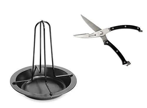 FMprofessional Set Hähnchen, Edelstahl-Geflügelschere, Fleischschere zum Tranchieren, Hähnchengriller aus Karbonstahl, mit Antihaftbeschichtung und Abtropfschale (Farbe: Schwarz), Menge: 1 x 2er Set