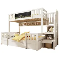 Massivholz Etagenbett für 3 Kinder mit Kreidetafel und Stauraum - Kreatives Etagenbett aus Massivholz mit integrierter Kreidetafel. Bietet Platz für bis zu 3 Kinder und viel Stauraum durch große Schubladen und einen Leiterschrank. Ideal für einen fröhlichen Schlafbereich.
