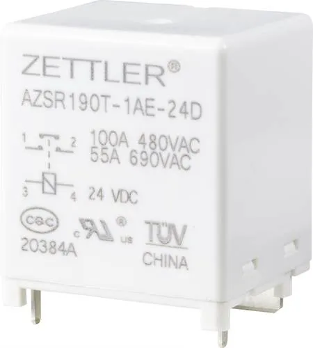 Zettler Electronics AZSR190T-1AE-24D Powerrelais - Steckrelais für 24 V/DC mit 100 A Schließer, kompakte Bauweise (33x43x100 mm) für zuverlässige Schaltvorgänge in industriellen Anwendungen.