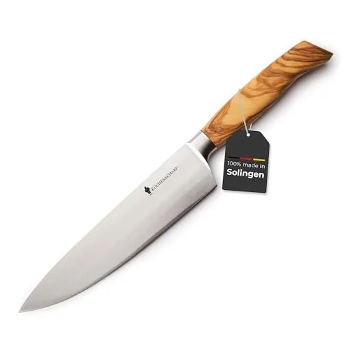 KÜCHENSCHARF Kochmesser 20 cm mit Olivenholzgriff - Hochwertiges Kochmesser (20 cm) aus deutschem Edelstahl, CNC-geschliffen und eisgehärtet für maximale Schärfe. Ergonomischer Olivenholzgriff, antibakteriell und einzigartig. Ideal für Profi- und Hobbyköche.