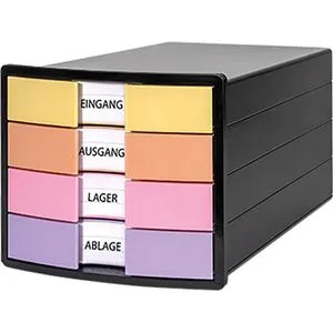 Han Schubladenbox 1012-139, A4, 4 Fächer, pastell/schwarz - Brief- & Ablagekörbe, Made in Germany mit rutschfesten Gummifüßen für sicheren Stand und stapelbare Schubladen zur optimalen Organisation von Dokumenten und Kleinteilen.