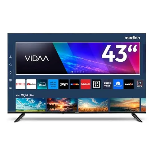 Medion 43' UHD TV – Energieeffizienzklasse F - Fernseher mit Ultra HD-Auflösung, HD Triple Tuner und Content Sharing für ein beeindruckendes Fernseherlebnis.