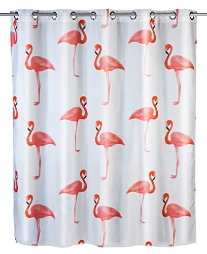 WENKO Anti-Schimmel Duschvorhang Flamingo Flex - Duschvorhang mit Antischimmel-Effekt, antibakteriell und wasserabweisend, ideal für ein modernes Bad. Inklusive 10 großen Ringen für einfache Befestigung, waschbar und langlebig.
