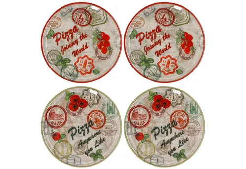 MamboCat Pizzateller 4er Set - Charme Red & Charme Grün - Pizzateller Set aus Porzellan mit 2 verschiedenen Dekoren, ideal für große Pizzen oder als Servierplatten für Gäste. Spülmaschinengeeignet und mit 33 cm Durchmesser.