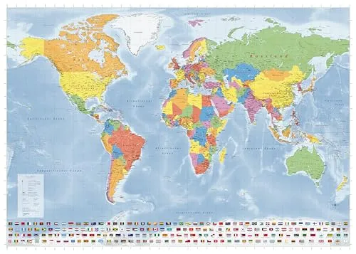 GeoMetro Weltkarte Länder der Erde XXL Poster auf Deutsch, 140 x 100 cm, aktuelle Neuauflage, mit Flaggen, matt, made in Germany