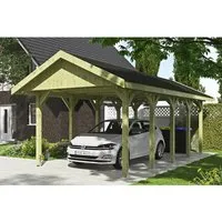 Satteldach-Carport Wallgau 380 x 750 cm mit schwarzen Schindeln - Robuster Einzelcarport aus imprägniertem Holz, witterungsbeständig mit 200 kg/m² Tragfähigkeit, ideal für den Schutz Ihres Fahrzeugs und die Möglichkeit zur Montage eines Solardachs.