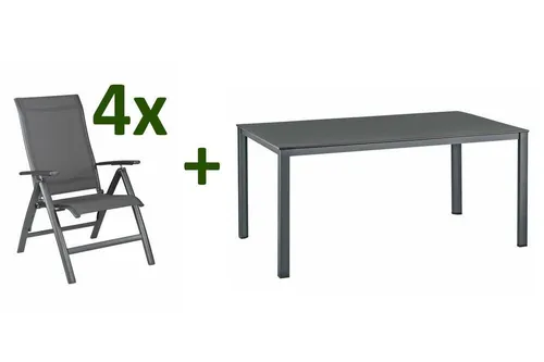 KETTLER Garten-Essgruppe KETTALUX-PLUS/Legato Curve - Elegante Esstischgruppe für 4-8 Personen, wetterfest und pflegeleicht. Der anthrazitfarbene Tisch aus hochwertigem Kunststoff und das bequeme Outdoorgewebe der Klappstühle sorgen für optimalen Komfort im Freien.