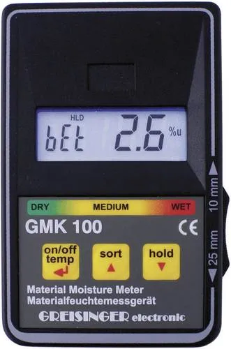 Greisinger GMK 100 Materialfeuchtemessgerät - Elektrisches Messgerät zur präzisen Feuchtemessung von 0 bis 8% in Holz und Baustoffen, ideal für Heim- und Handwerk mit akustischer und optischer Feuchtebewertung.