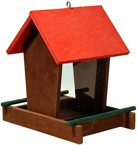 dobar® 91108FSCe Vogelfutterstation Holz hängend - Vogelfutterspender Holz mit Futtersilo - Vogelhaus kleine zum Hängen - Vogelfutterhaus für Ganzjahresfütterung - 16 x 21 x 20 cm - Rot/Grün/Braun