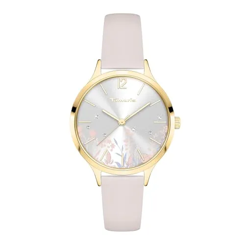 Tamaris Damenuhr - Runde Quarzuhr für Damen - Gold Floral - Elegante Tamaris Damenuhr mit 34mm Metallgehäuse, kratzunempfindlichem Mineralglas und hochwertigem Echtlederband. Die perfekte Wahl für stilbewusste Frauen, die Wert auf Qualität und Design legen.