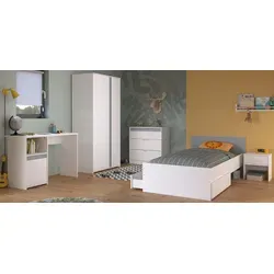 Parisot Meuble Jugendzimmer 'Pirouette' – Komplett-Set in Weiß - Das moderne Jugendzimmer 'Pirouette' bietet ein 5-teiliges Set mit Schreibtisch, Kleiderschrank und Bett für viel Stauraum und eine stilvolle Gestaltung. Ideal für kreatives Lernen und Spielen.