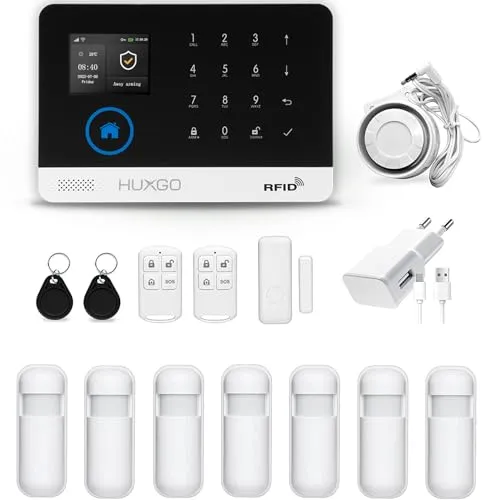 HUXGO HXA003 Funk Alarmanlage WiFi + GSM Modul mit 7 Bewegungssensoren - Alarmanlage Haus - Alarmanlage Wohnung - Alarmanlage Garage - Funk Bewegungsmelder mit Empfänger
