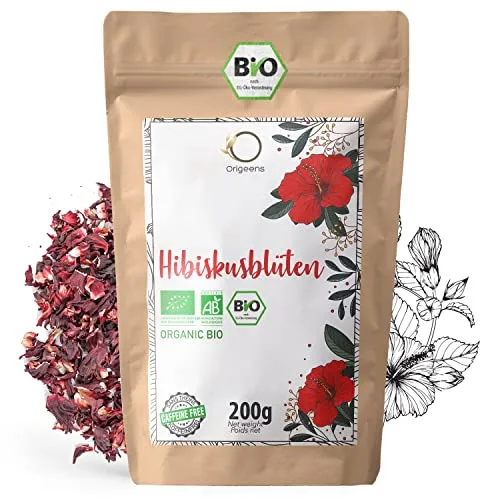 ORIGEENS HIBISKUSTEE BIO 200g Premiumqualität | Hibiskusblüten getrocknet für Tee, Früchtetee, Eistee, Karkade tee | Hibiskus Tee für Drainage Detox-Kur