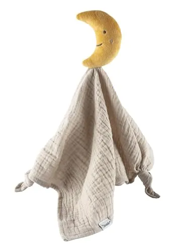 Baby Schmusetuch Mond Luna mit besticktem Gesicht, Schnuffeltuch aus Musselin mit Knotendetails, Trösterchen für Jungen und Mädchen