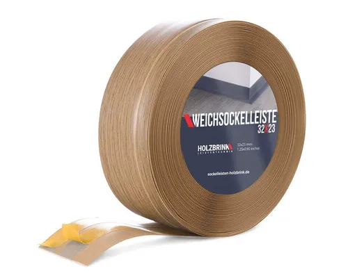 HOLZBRINK Sockelleiste PVC Weichsockelleiste selbstklebend 32x23mm Eiche Hell, L: 500 cm, 5m Rolle, Küchenabschlussleiste Arbeitsplatte, Fensterleiste, Fensterabdichtung