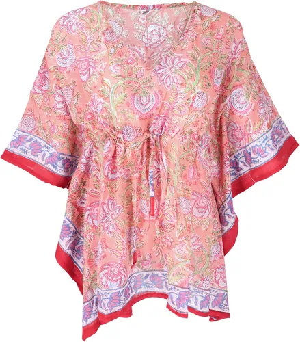 GURU SHOP Hippie Poncho - Lachs - Pareos & Strandkleider für Damen, handbedruckte Baumwolle mit individuellem Design und verstellbarem Kordelband für optimalen Tragekomfort.