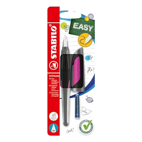 STABILO - Schulfüller mit Standard-Feder M - EASYbuddy in schwarz/magenta - blau (löschbar) - inkl. Patrone - Blister