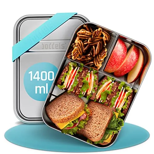 boddels Edelstahl Brotdose mit Fächern 1.400ml | flexible Unterteilung für individuelle Snacks - Brotdose für Kinder mit verstellbarem Trenner für saubere Snacktrennung, aus rostfreiem Edelstahl, spülmaschinengeeignet und BPA-frei.