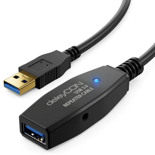 deleyCON 5m Aktive USB 3.0 Verlängerungskabel mit Signalverstärker - Kabel zur Verbindung von Geräten über weite Strecken ohne Datenverlust, ideal für Drucker und Scanner – Plug & Play mit bis zu 5 GBit/s.