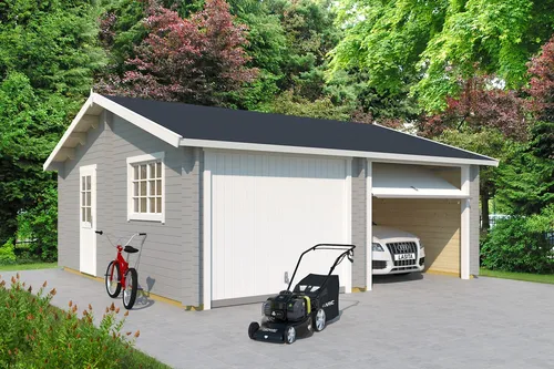Garage Satteldach 44 mm Falkland mit Schwingtor grau 595x595 cm - Gartenhäuser, Geräteschuppen & Carports - Robuste Holzgarage mit abschließbarem Schwingtor, ideal für sicheren Stauraum und optimalen Wetterschutz.