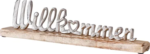 Schriftzug Willkommen L45cm Metall Silber Mango Holz Tischdeko Deko Aufsteller
