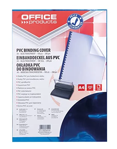 OFFICE PRODUCTS 20222015-01 Deckblätter Einbanddeckel zum Binden/ 100 Stück/Blau Transparent PVC/Klarsichtfolie/DIN A4 / Stärke 200 Mikron/für Plastikbindung und Drahtbindung