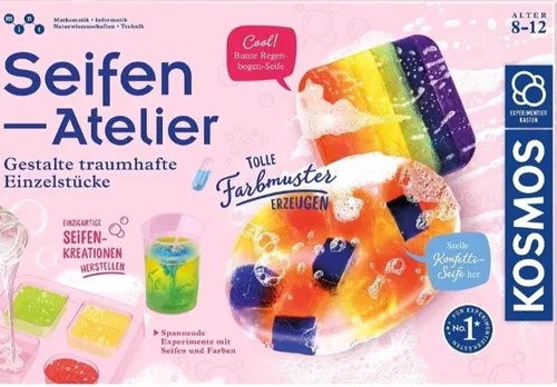 KOSMOS 671518 Seifen-Atelier - Experimentierkasten für kreative Kinder ab 8 Jahren, mit Gießformen und Farben für individuelle Seifenkreationen in knalligen Mustern und Farben.