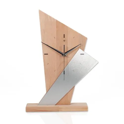 Kreative Feder Designer-Standuhr „Brown Square“ aus Massivholz – Tischuhr in modernem Metallic-Look ohne Ticken (leises Quarzuhrwerk, Buche)