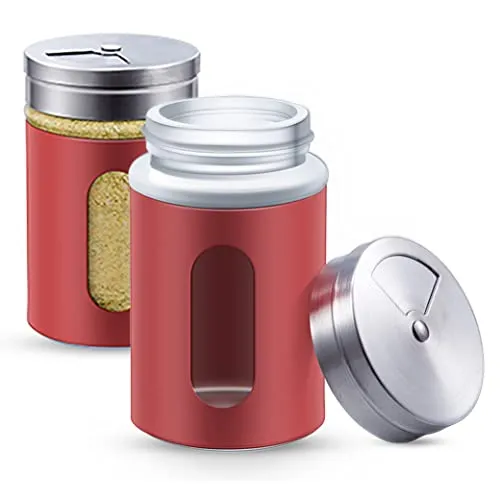 Praknu 12 Gewürzdosen Rot I Gewürzstreuer Edelstahl Set 80ml I Mit Sichtfenster - 3 fach Streuregulierung I Gewürzgläser für Gewürze/Kräuter