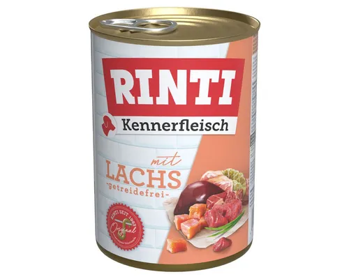 Rinti Kennerfleisch Lachs 400 g - 12 Stück für Hunde - Hochwertiges Hundefutter mit 65% Fleisch und 5% Lachs, ideal für die ausgewogene Ernährung Ihres Hundes. Enthält wertvolle Mineralstoffe und Flachsöl für eine gesunde Ernährung.