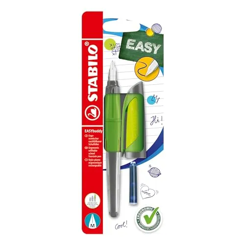 STABILO - Schulfüller mit Standard-Feder M - EASYbuddy in limette/grün - blau (löschbar) - inkl. Patrone - Blister