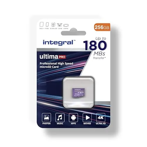 Integral 256GB Micro SD Speicherkarte – High-Speed für 4K-Video - Speicherkarten – Bis zu 180MB/s Lesegeschwindigkeit und 150MB/s Schreibgeschwindigkeit für flüssige 4K-Videoaufnahmen und schnelle App-Leistung, ideal für Smartphones und Drohnen.