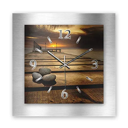 Kreative Feder 3D Designer-Wanduhr aus gebürstetem Aluminium leise Wanduhr ohne Ticken quadratisch 40x40cm (Steg, leises Funkuhrwerk)