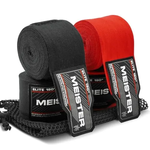Meister Elite Premium Handbandagen für Erwachsene, 457,2 cm, für MMA und Boxen, 2 Paar mit Netztasche, Schwarz/Blutrot