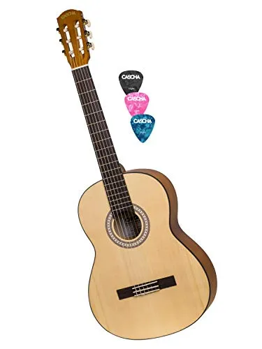 CASCHA 4/4 Konzertgitarre inkl. 3 farbigen Plektren I Hochwertige Gitarre für Anfänger und Kinder ab 10 Jahren I Akustik Gitarre mit Nylon Saiten ideal zum Gitarre lernen I Perfekte Größe 4/4
