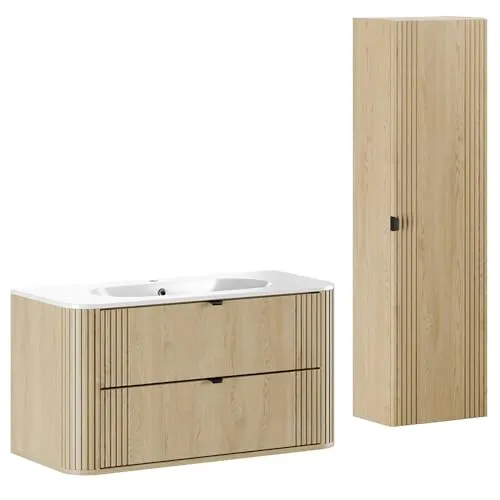 Lomadox Badmöbel-Set 2-teilig mit Waschtisch 100 cm und Hochschrank in Eiche