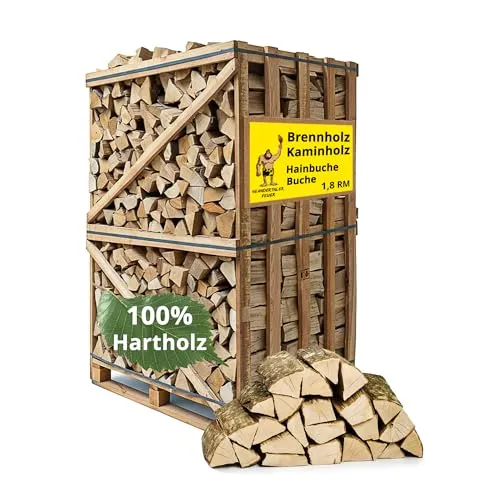 Neandertaler Buchenholz Kaminholz 900 kg - Hochwertiges, kammergetrocknetes Buchenholz in Raummeter-Box. Ideal für Kamin, Ofen oder Grill mit hoher Energieausbeute und geringem Restfeuchte.