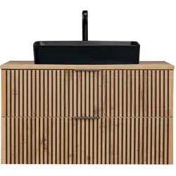 Lomadox Waschbeckenschrank XANTEN-56 – Anthrazit mit Wotan Eiche Nb - Moderner Waschtisch mit 100 cm Breite, eleganter anthrazitfarbener Korpus und stilvollem Aufsatzwaschbecken in matt schwarz. Zwei Softclose-Schubladen bieten praktischen Stauraum und unterstreichen das klare Design.