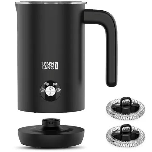 LEBENLANG Elektrischer Milchaufschäumer - 100% BPA-Frei mit 4 Modi - Automatischer Milchaufschäumer mit 240ml Kapazität, 500W Leistung und One-Touch Steuerung für perfekten Milchschaum in unter 2 Minuten. Inklusive Ersatzschneebesen für höchste Flexibilität.