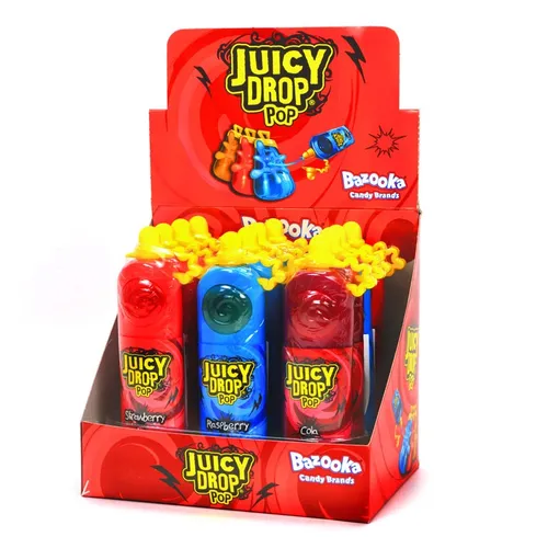 Bazooka Juicy Drop Pop Mixed Flavours (12 x 26g) - Fruchtgummis mit süß-saurer Überraschung, ideal für Lutschspaß. Jeder Lolli enthält eine leckere, saure Flüssigkeit zum Spritzen - perfekt für kleine Abenteurer!