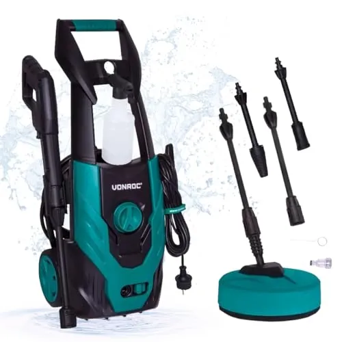 VONROC Hochdruckreiniger 110bar - Fassadenreiniger für einfache Reinigungsarbeiten [1400W] - Durchfluss [390 l/h], Reinigungstank, Aluminium Pumpe - inkl. Terassenreiniger