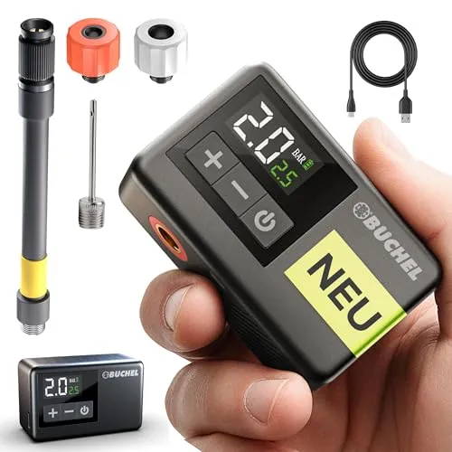 Büchel Mini Akku Luftpumpe mit 10.3 BAR/150 PSI & Adapter für gängige Ventile - Kompressor mit Digitalem Manometer - USB-C Fahrradpumpe, Powerbank&Taschenlampe inklusive (Mini Akku Luftpumpe)