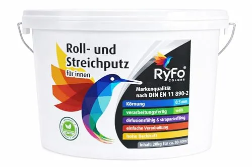 RyFo Colors Roll- & Streichputz Innen 20 kg – gebrauchsfertig & abtönbar - Hochwertiger Kunstharzputz für eine edle matte Oberfläche in strahlendem Weiß. Einfach mit Rolle oder Bürste aufzutragen. Strapazierfähig und ideal für DIY-Projekte.
