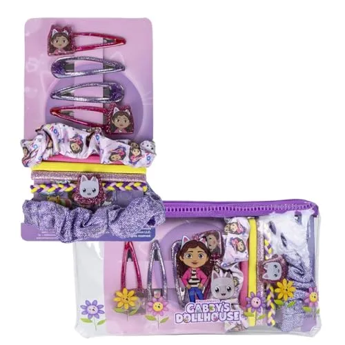 Gabby's Dollhouse Beauty-Set, 2 Haargummis aus Stoff, 4 Haargummis, 4 Haargummis, 4 Haarnadeln und Kulturbeutel, mehrfarbig, inspiriert von Gabby's Dollhouse, Originalprodukt, entworfen in Spanien