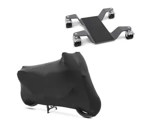 ConStands Motorradheber Set mit Rangierhilfe und Abdeckung S9 - Praktisches Set bestehend aus einer Rangierhilfe für Motorräder bis 400 kg und einer atmungsaktiven Abdeckung in schwarz. Ideal für sicheres Rangieren und Schutz vor Staub und Schmutz.