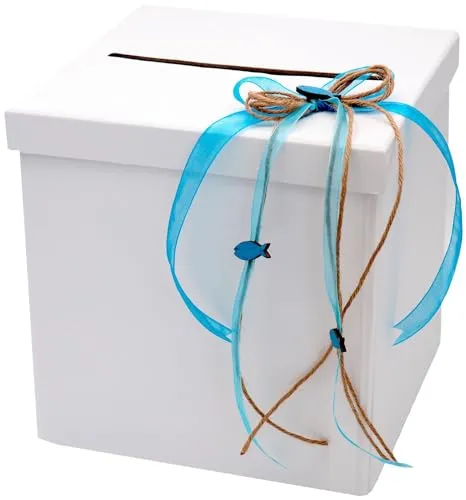 ZauberDeko Briefbox Blau für Kommunion & Konfirmation - Stabile Kartenbox mit Deckel in Blau, dekoriert mit türkisfarbenem Organzaband und Holzfischen. Ideal für Geldgeschenke und Karten, Maße: ca. 20 x 20 x 20 cm.
